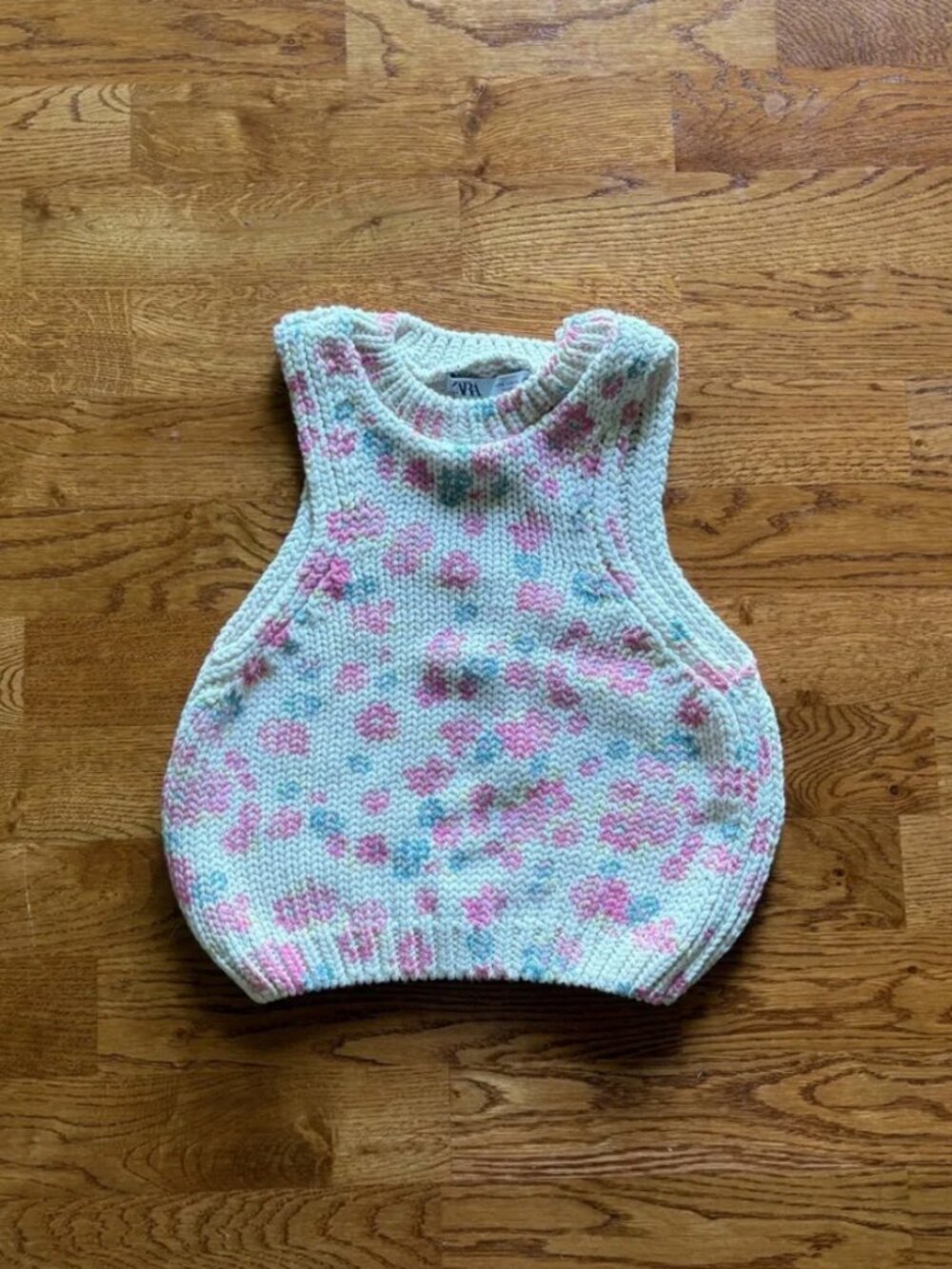 Zara Floral Knit Vest Pink Cream Jacquard Ivory Tank Cropped Top Sweater Cotton